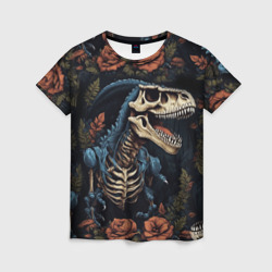 Женская футболка 3D Скелет динозавра с цветами на черном фоне
