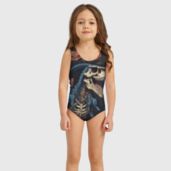 Детский купальник 3D Скелет динозавра с цветами на черном фоне