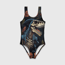 Детский купальник 3D Скелет динозавра с цветами на черном фоне - фото 2