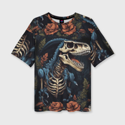Женская футболка oversize 3D Скелет динозавра с цветами на черном фоне