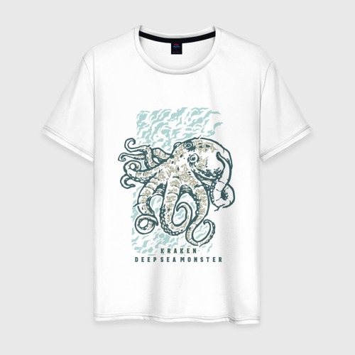 Мужская футболка из хлопка с принтом Kraken deep sea monster, вид спереди №1