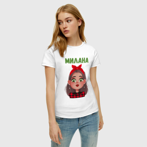 Женская футболка хлопок с принтом Милана - девочка модница, фото на моделе #1