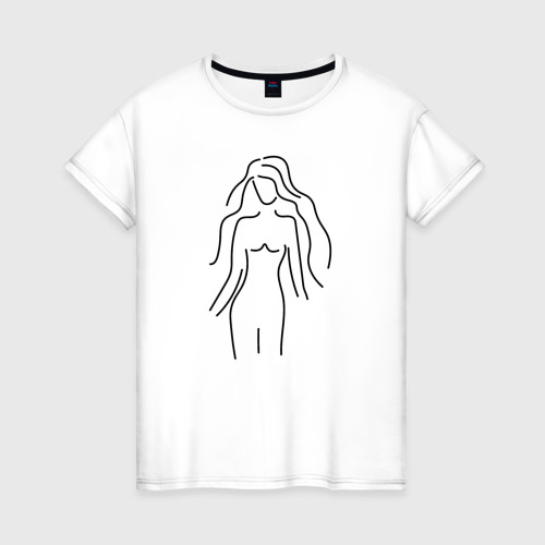Женская футболка хлопок с принтом Нежный женский лайн-арт силуэт, вид спереди #2