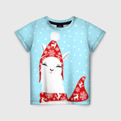 Детская футболка 3D Лама - альпака в шапочке зимой