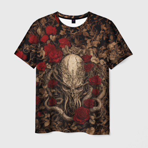 Мужская футболка 3D с принтом Ктулху в розах, вид спереди #2
