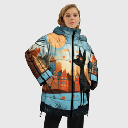Женская зимняя куртка Oversize Пёсик в стиле фолк-арт на фоне города - фото 2