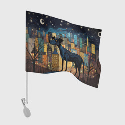 Флаг для автомобиля Чёрный пёс на фоне ночного города в стиле фолк-арт