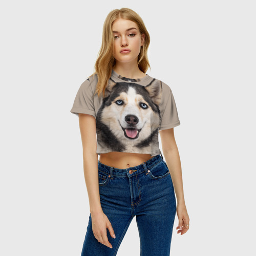 Женская футболка Crop-top 3D Голубоглазая хаски, цвет 3D печать - фото 4