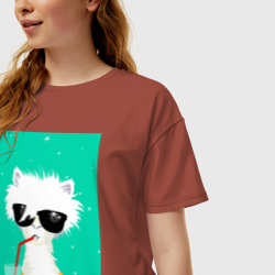 Женская футболка хлопок Oversize Лама-альпака на чиле с бокалом - фото 2