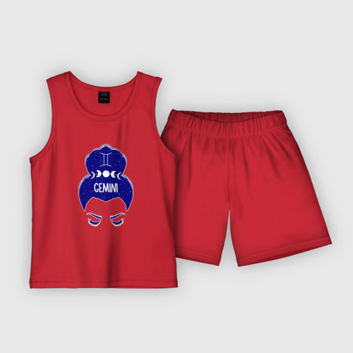 Детская пижама с шортами хлопок Близнецы знак зодиака девушка с пучком gemini, цвет красный