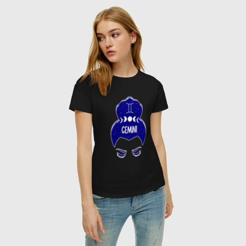 Женская футболка хлопок Близнецы знак зодиака девушка с пучком gemini, цвет черный - фото 3