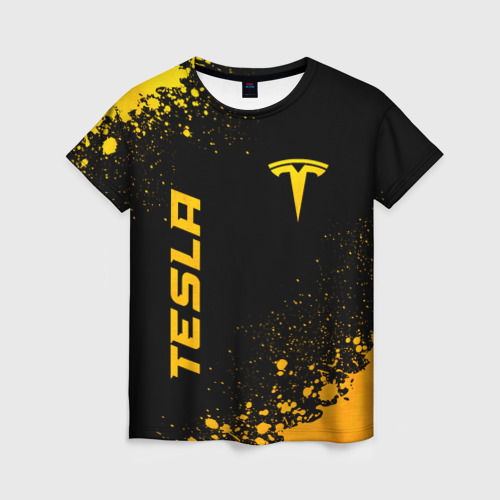 Женская футболка 3D с принтом Tesla - gold gradient вертикально, вид спереди #2