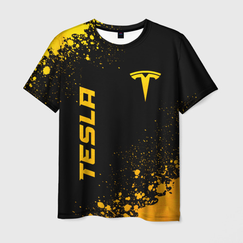 Мужская футболка с принтом Tesla - gold gradient вертикально, вид спереди №1