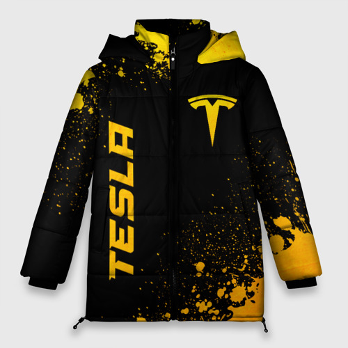 Женская зимняя куртка 3D с принтом Tesla - gold gradient вертикально, вид спереди #2