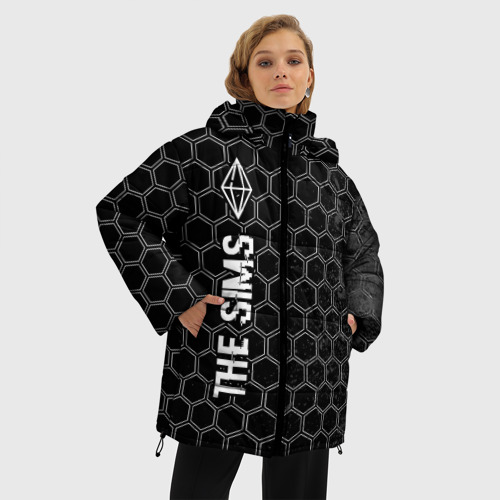 Женская зимняя куртка 3D с принтом The Sims glitch на темном фоне по-вертикали, фото на моделе #1