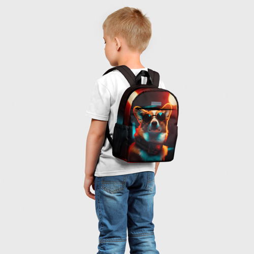 Детский рюкзак 3D с принтом Корги в очках и огнях софитов от нейросети, фото на моделе #1