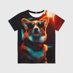 Детская футболка 3D Корги в очках и огнях софитов от нейросети