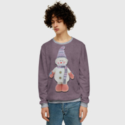 Мужской свитшот 3D Снеговик мальчик на вязаном фоне - фото 2