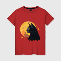 Женская футболка хлопок Чёрная кошка на фоне луны