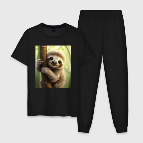 Мужская пижама хлопок Ленивец в лесу, цвет черный