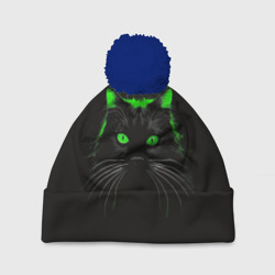 Шапка 3D c помпоном Черный кот в зеленом свечении