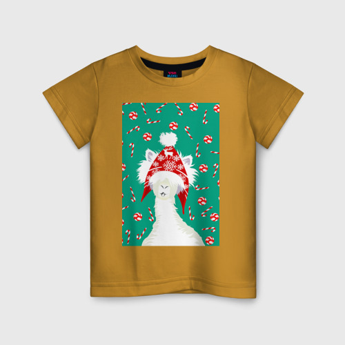 Детская футболка хлопок с принтом Лама - альпака в ушанке, вид спереди #2