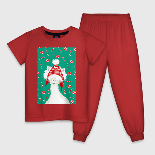 Детская пижама хлопок с принтом Лама - альпака в ушанке, вид спереди #2