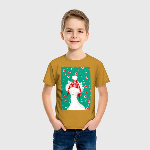 Детская футболка хлопок с принтом Лама - альпака в ушанке, фото на моделе #1