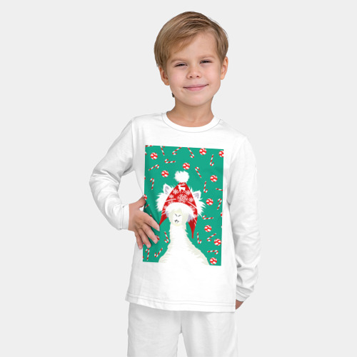 Детская пижама с лонгсливом хлопок с принтом Лама - альпака в ушанке, фото на моделе #1