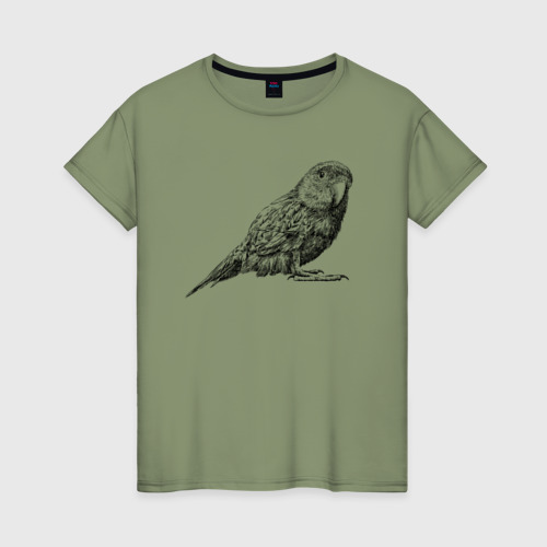 Женская футболка хлопок с принтом Любопытный попугай, вид спереди #2