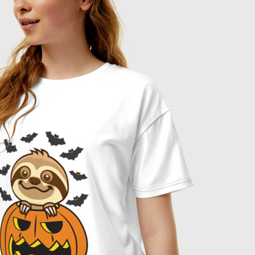 Женская футболка хлопок Oversize с принтом Хэллоуин ленивца, фото на моделе #1