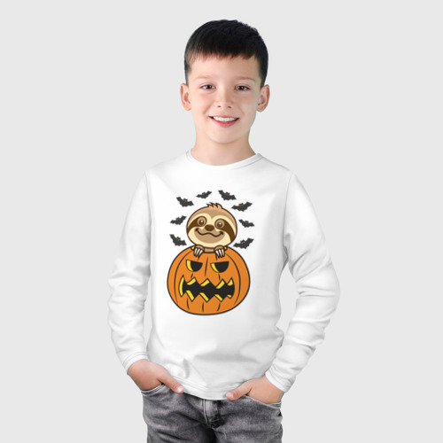 Детский лонгслив хлопок с принтом Хэллоуин ленивца, фото на моделе #1