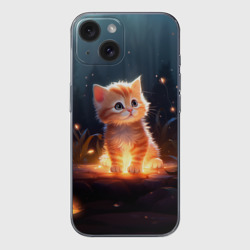 Чехол для iPhone 15 силиконовый с защитой камеры Котенок со светлячками