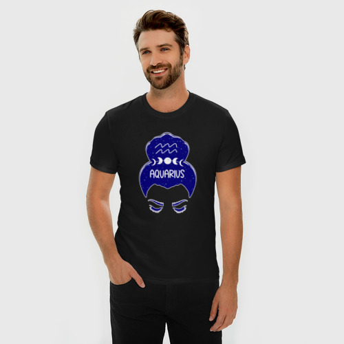 Мужская футболка хлопок Slim Водолей знак зодиака девушка с луной, цвет черный - фото 3