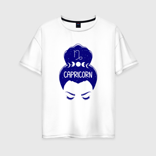 Женская футболка оверсайз из хлопка с принтом Козерог зодиак девушка с луной в волосах, вид спереди №1