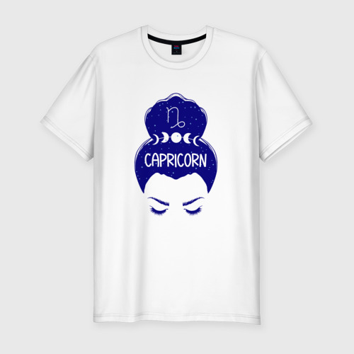 Мужская приталенная футболка из хлопка с принтом Козерог зодиак девушка с луной в волосах, вид спереди №1