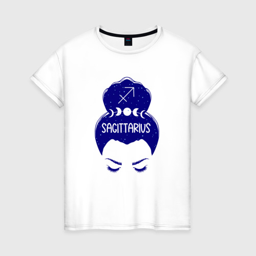 Женская футболка из хлопка с принтом Стрелец зодиак девушка с луной в волосах, вид спереди №1