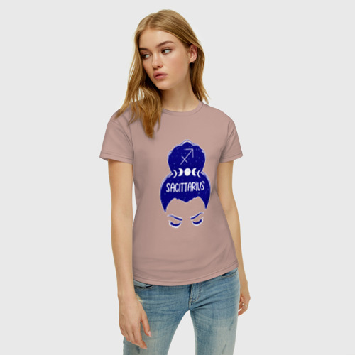 Женская футболка хлопок Стрелец зодиак девушка с луной в волосах , цвет пыльно-розовый - фото 3