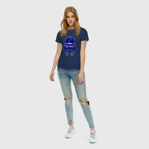 Женская футболка хлопок Стрелец зодиак девушка с луной в волосах , цвет темно-синий - фото 5