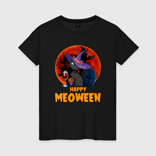 Женская футболка хлопок Happy meoween, цвет черный