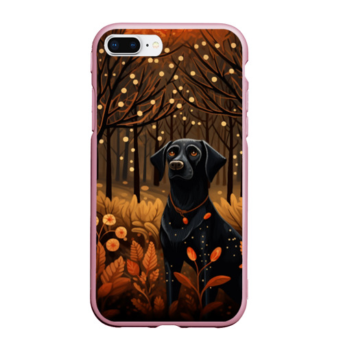 Чехол для iPhone 7Plus/8 Plus матовый с принтом Собака в лесу арт в стиле фолк, вид спереди #2
