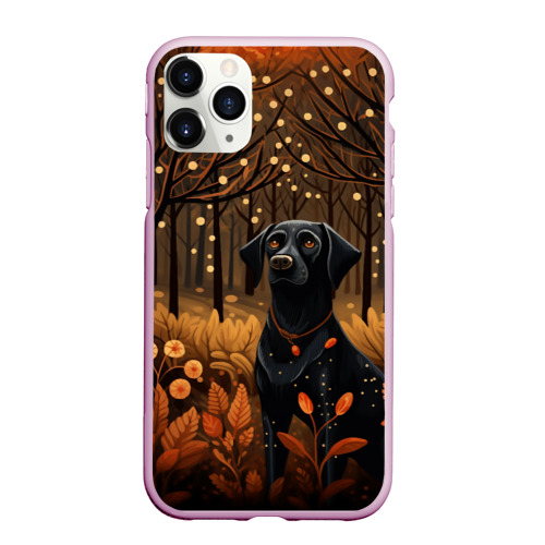 Чехол для iPhone 11 Pro Max матовый с принтом Собака в лесу арт в стиле фолк, вид спереди #2