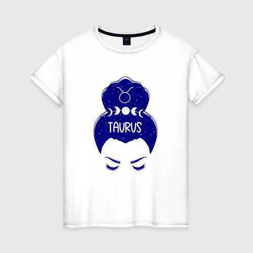 Женская футболка из хлопка с принтом Телец зодиак девушка с луной в волосах, вид спереди №1