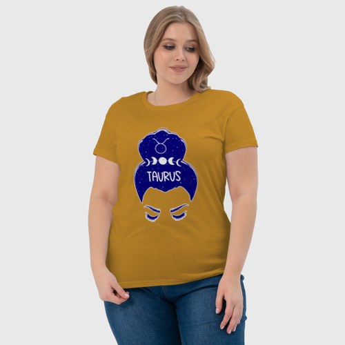 Женская футболка хлопок Телец зодиак девушка с луной в волосах , цвет горчичный - фото 6