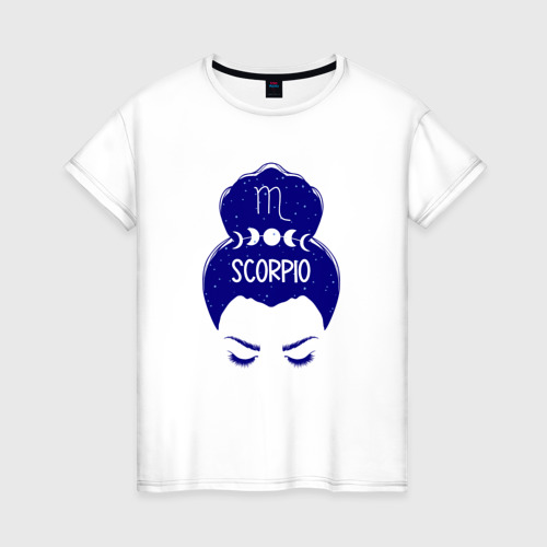 Женская футболка из хлопка с принтом Скорпион зодиак девушка с луной в волосах, вид спереди №1