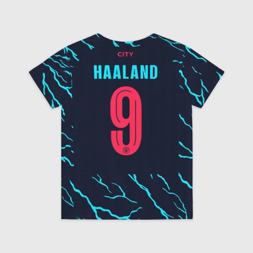 Детская футболка 3D с принтом Эрлинг Холланд Манчестер Сити форма 23-24 третья, вид сзади #1