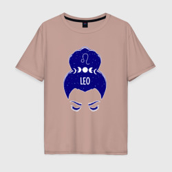 Мужская футболка хлопок Oversize Лев зодиак девушка с луной в волосах