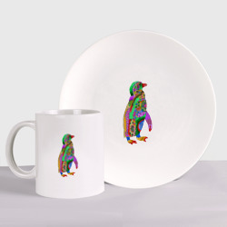 Набор: тарелка + кружка Разноцветный пингвин