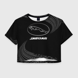 Женская футболка Crop-top 3D Jaguar speed на темном фоне со следами шин