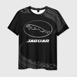 Мужская футболка 3D Jaguar speed на темном фоне со следами шин